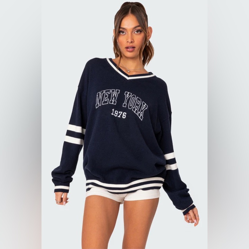 Edikted Navy Blue Sweater with White Stripes